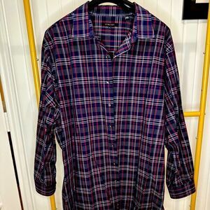 SYNRGY Long Sleeve Button Front Navy Blue and Red Plaid Shirt